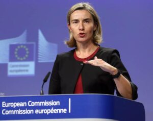 epa05561590 Federica Mogherini, High Representative of the European Union for Foreign Affairs and Security Policy, arrives for a news conference in Brussels, Belgium, 29 September 2016. The news conference was held on the relations between EU and Tunisia with comments on the situation in Aleppo, Syria. EPA/OLIVIER HOSLET